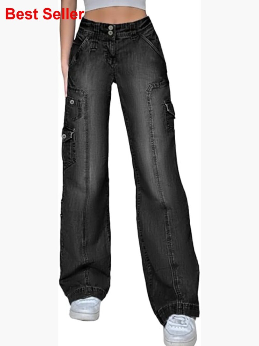 Stretchy Wide Leg Cargo Jeans with Utility Pockets